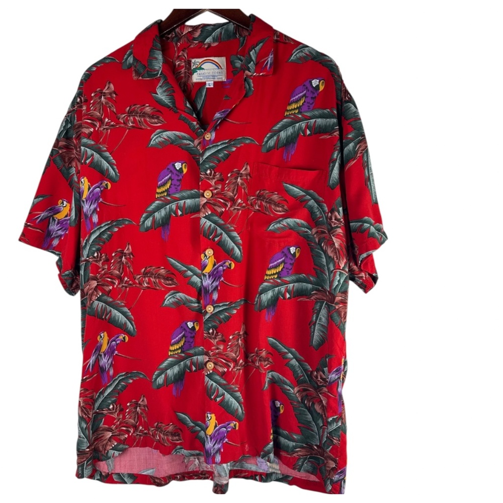 Vtg Paradise Found Magnum PI Hawaiian Shirt Sz Large Red Parrots Birds Tropical - Picture 2 of 6